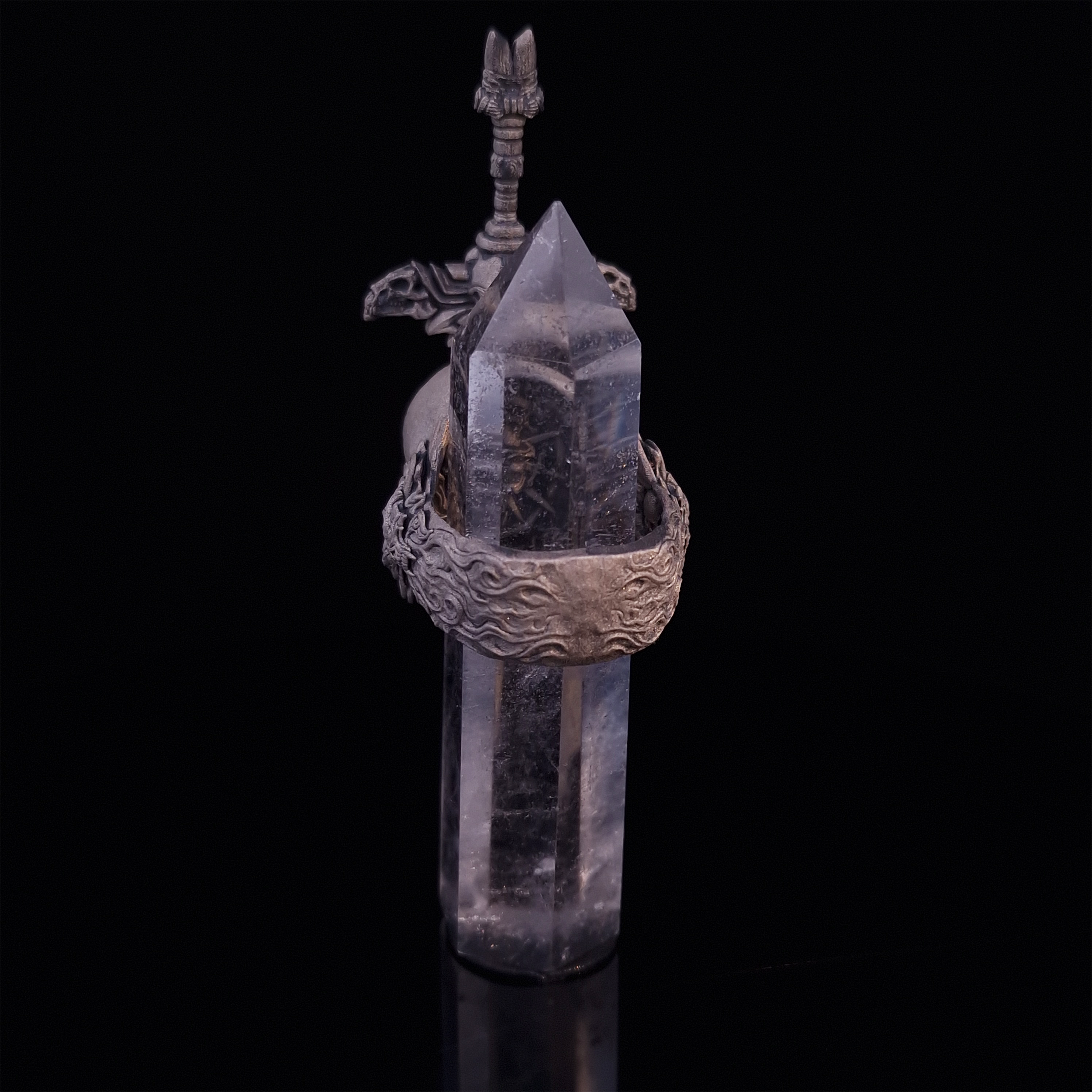 Rear view of the Adversarius Mortis ring in the Wraith finish, with crystal support visible, focusing on the intricate band design.