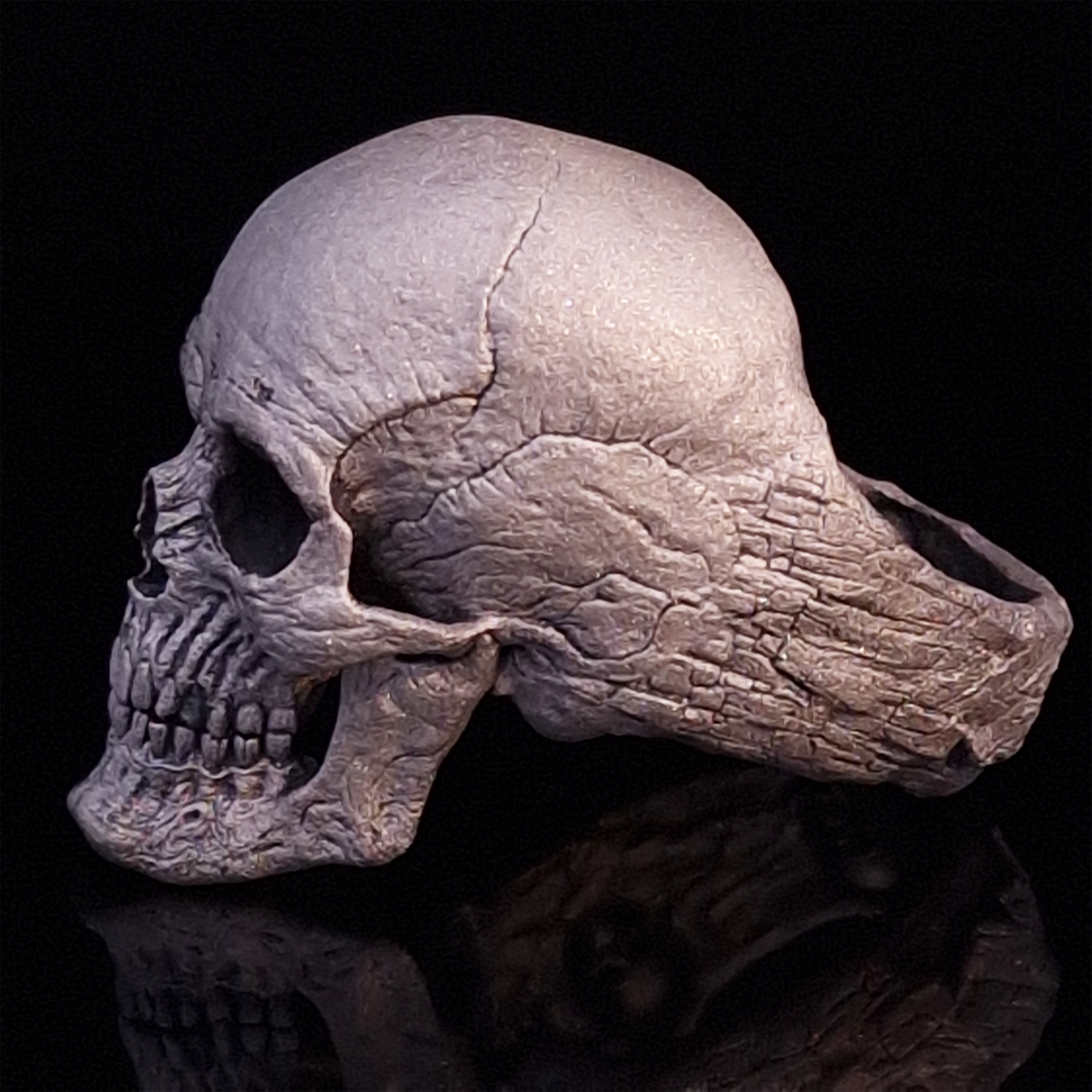 Side-left view highlighting the detailed band of the Invidia Mortis ring in the Wraith finish, shown on a turntable with a black background.