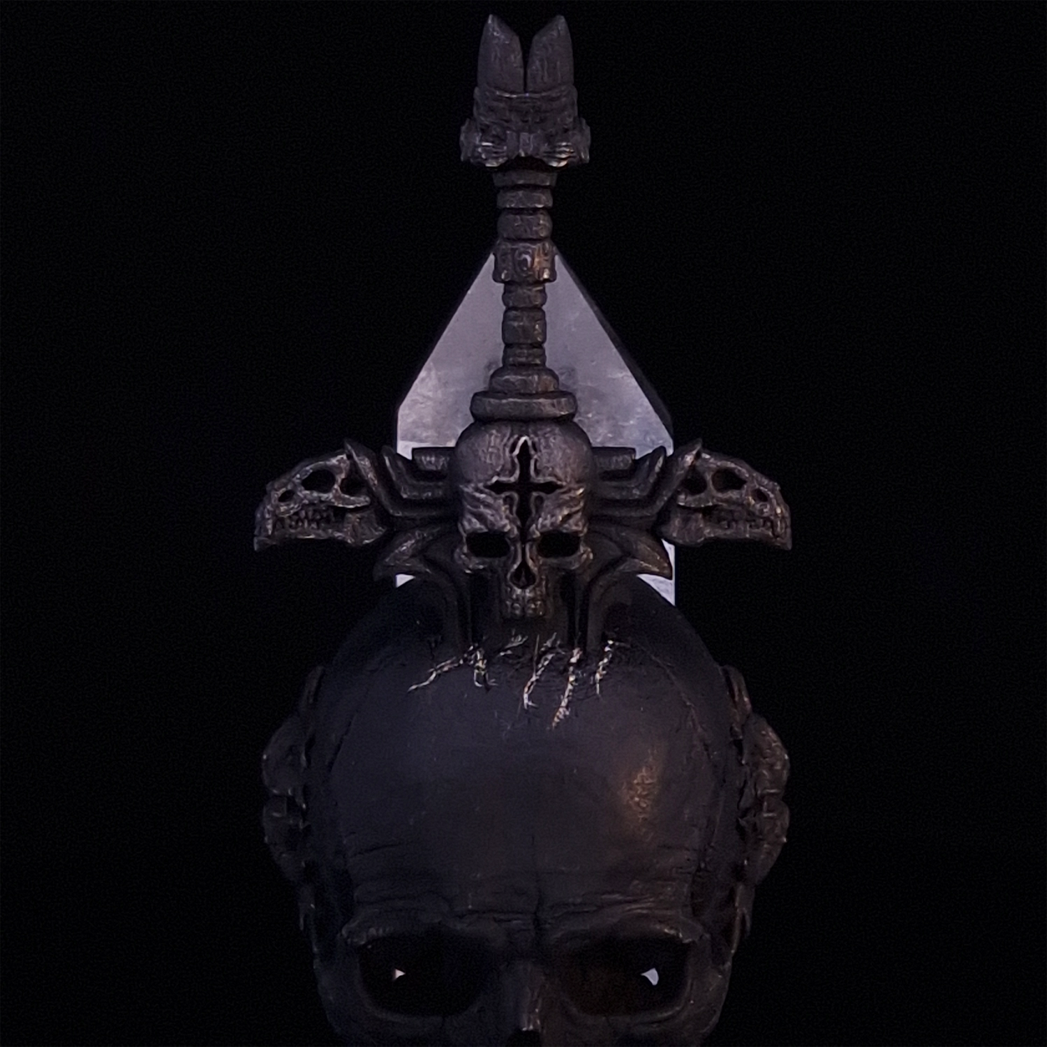 Front-facing close-up view of the Adversarius Mortis ring in the Revenant 2 finish, focusing on the design of the sword handle.