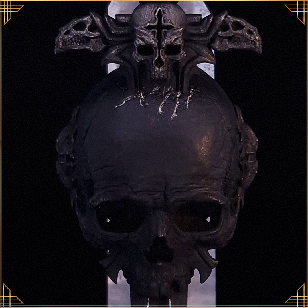 Front view of the Adversarius Mortis ring in Revenant 2 finish, with a balancing crystal, on black background with gold border.