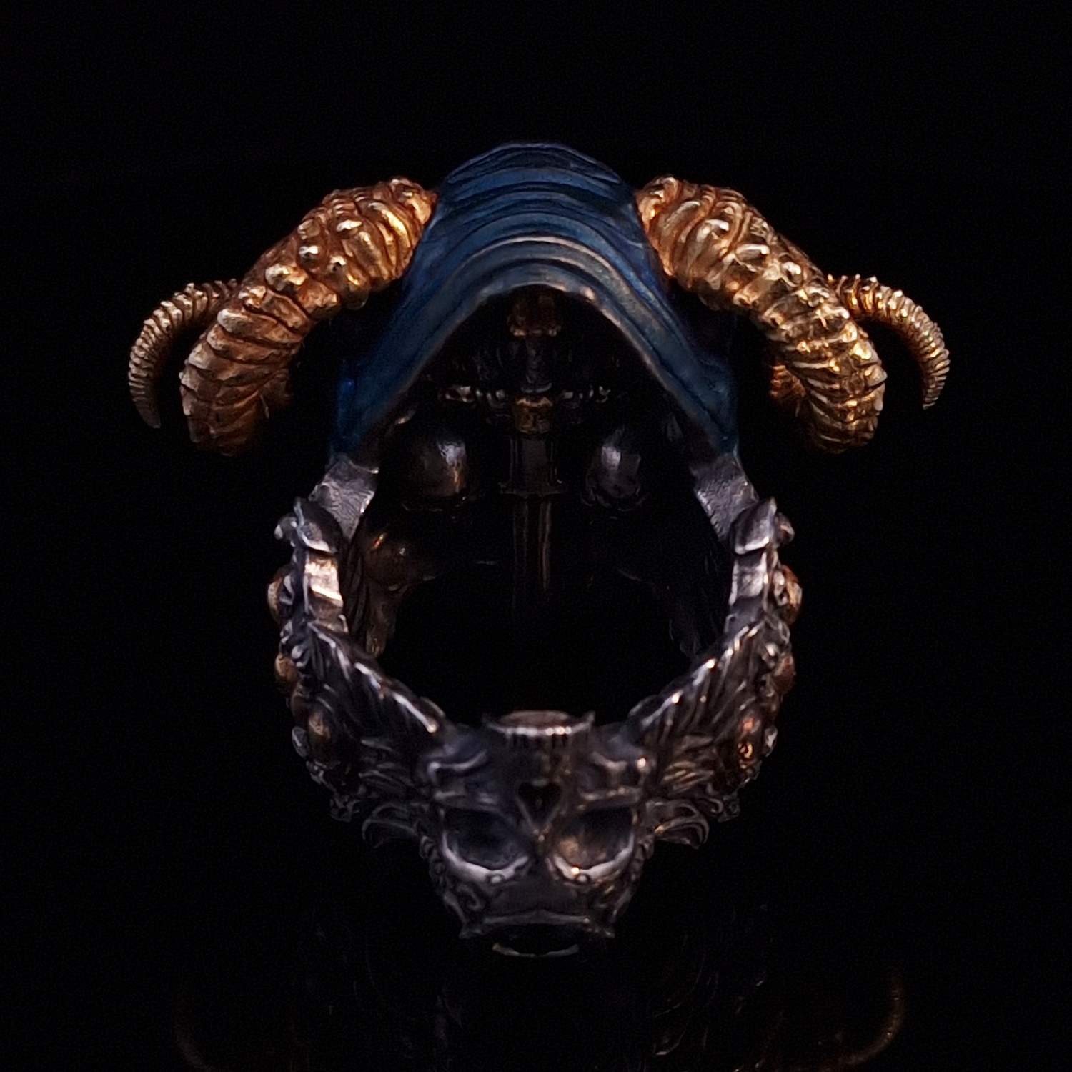 Rear close-up of the inner design of the Sword of Damocles ring in the Eternal finish, captured on a turntable with a black backdrop.