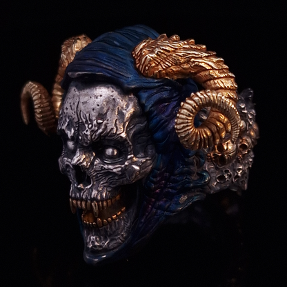 Front-left facing view of the Sword of Damocles ring in the Eternal finish, displayed on a turntable against a black background.