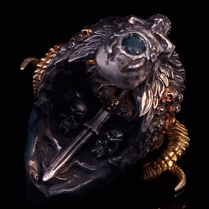 Close-up of the inner sword design of the Sword of Damocles ring in the Eternal finish, captured on a turntable with a black backdrop.