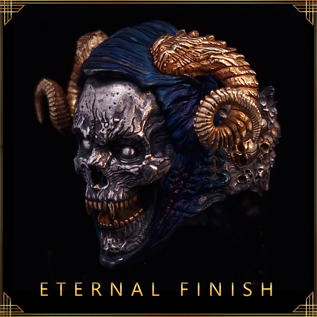 Eternal Finish collection preview showing a ring with blue rhodium and gold accents, centred above the text “Eternal Finish.”