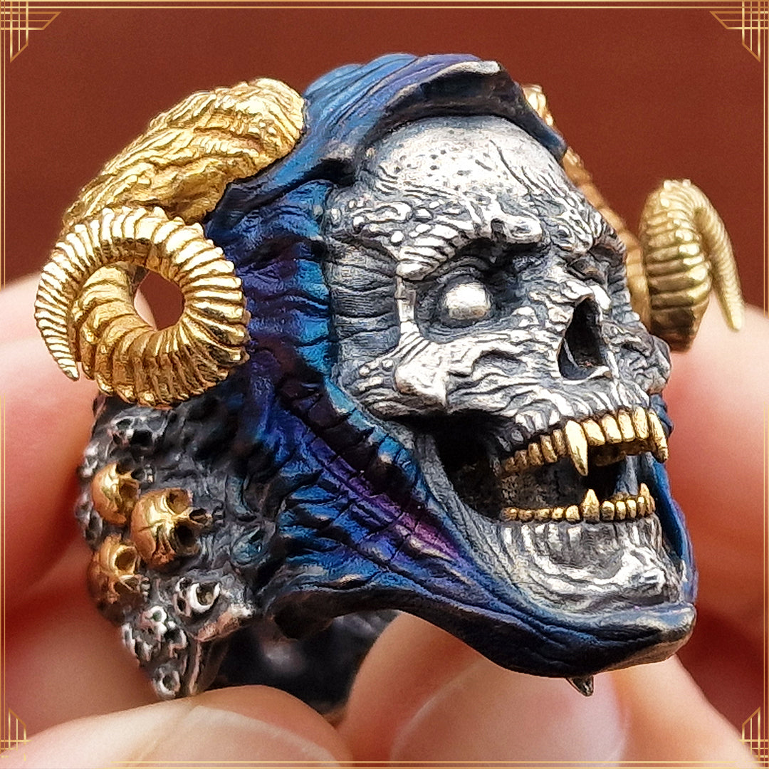 The Sword of Damocles ring in Eternal finish, held in hand outdoors, with natural light enhancing the refined shine and elegant craftsmanship.