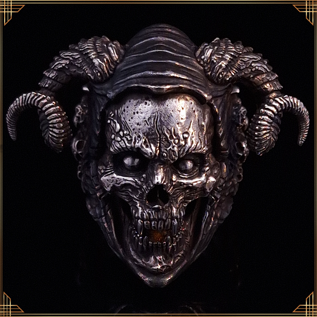 Front-facing close-up of the Sword of Damocles ring in the Fallen finish, against a black background with a gold border.