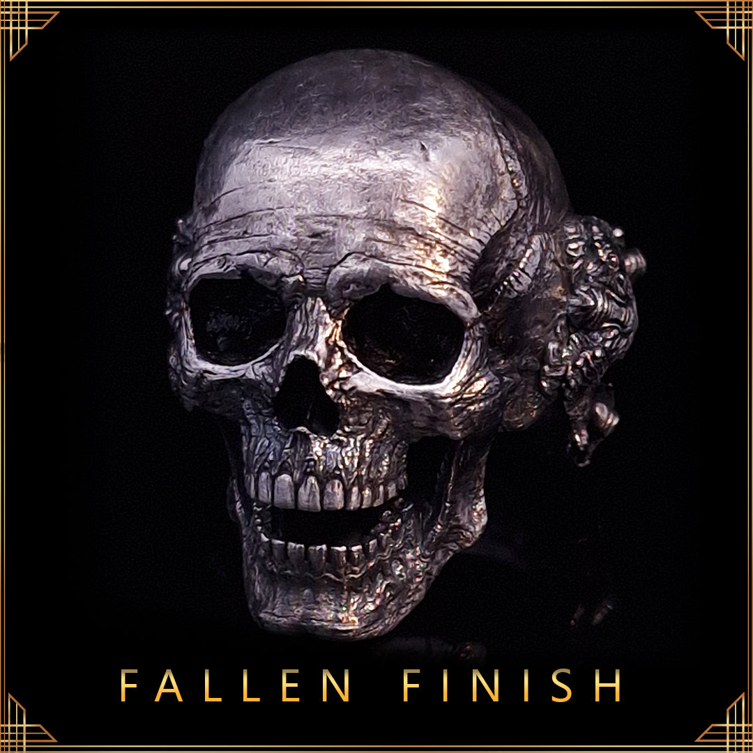 Fallen Finish collection preview featuring a ring with a patina finish centred above the text “Fallen Finish.”