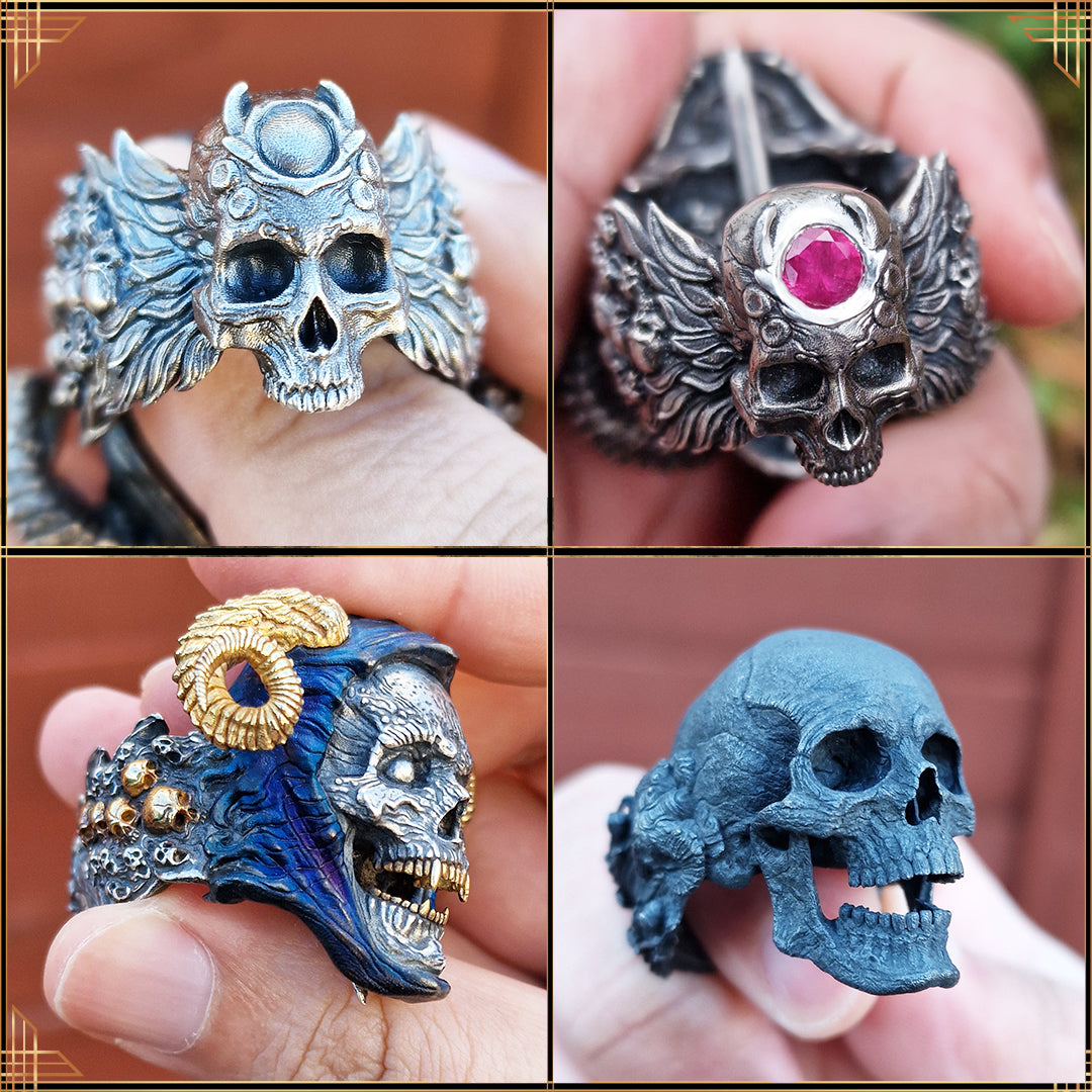 Sword of Damocles with no stone and ruby variation, side profile Eternal finish, and Nexus Mortis in Revenant 3 finish.