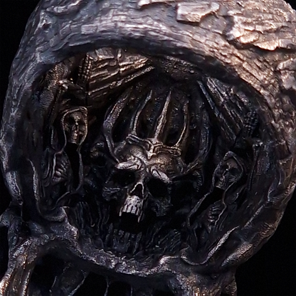 Close-up of the inner design of the Invidia Mortis ring in the Fallen finish, captured on a turntable with a black backdrop.