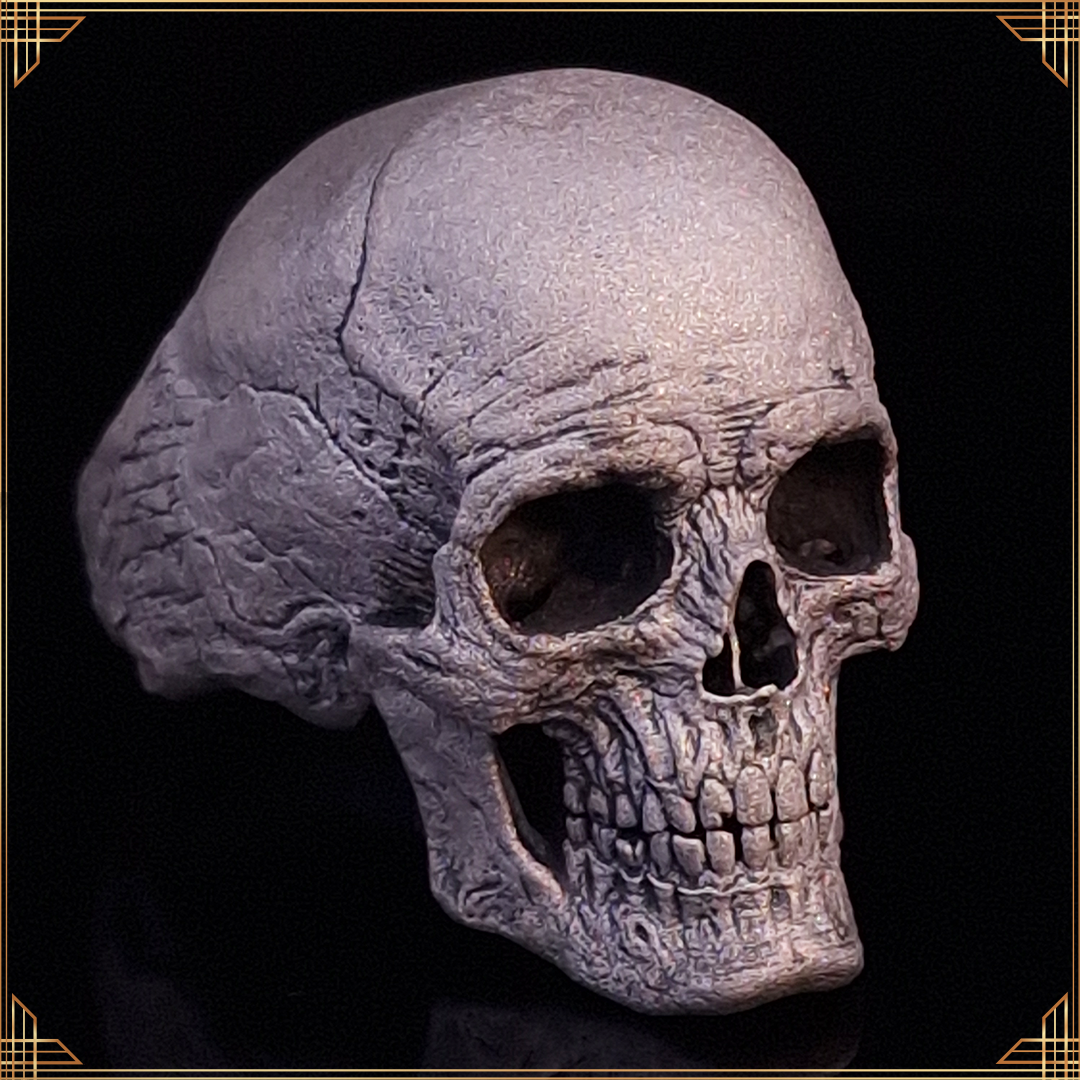 Close-up of the Invidia Mortis ring in the Wraith finish, shown facing slightly to the right, against a black background with a gold border.