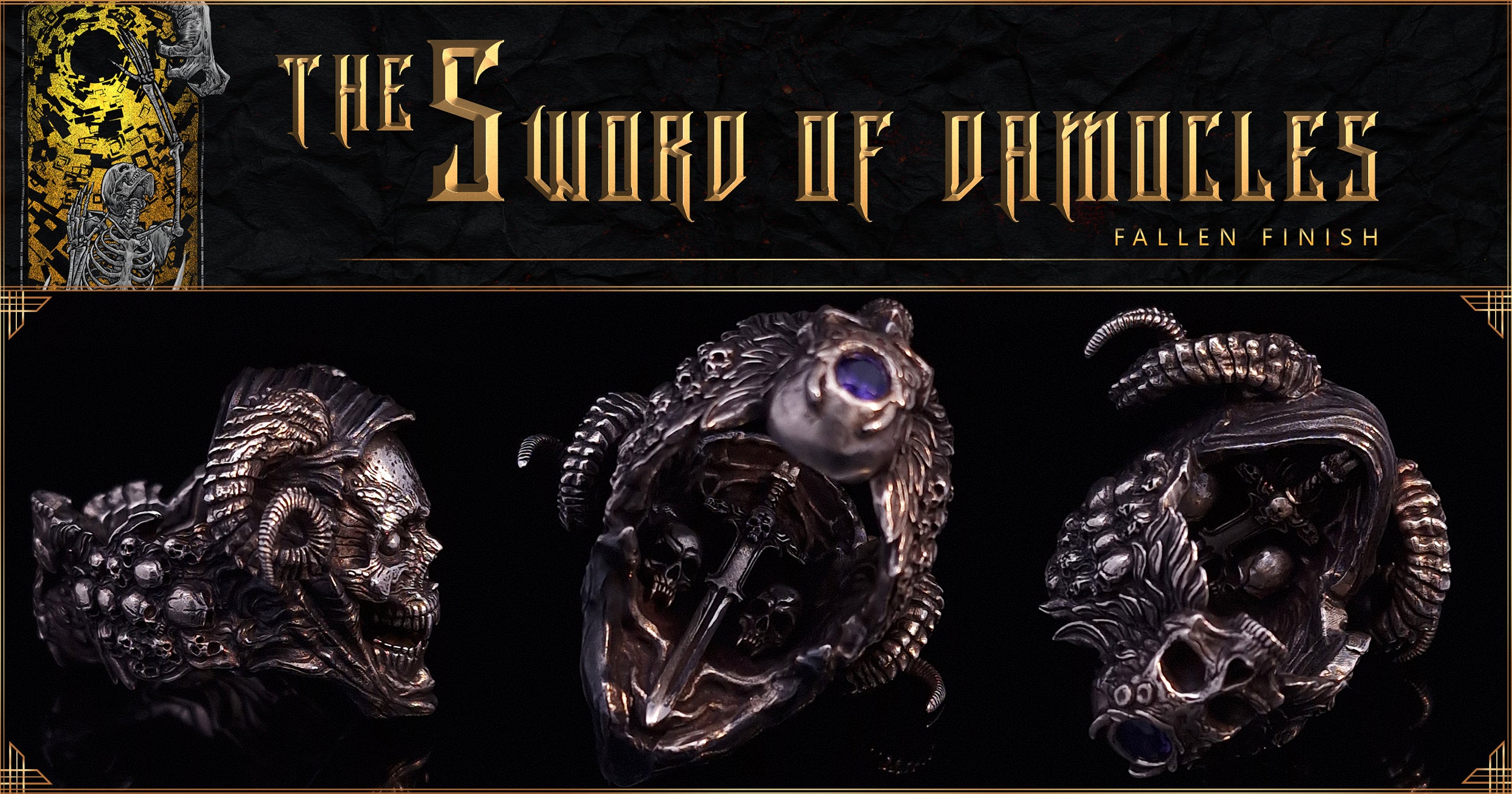 Sword of Damocles ring in Fallen finish shown from three angles with title text above.