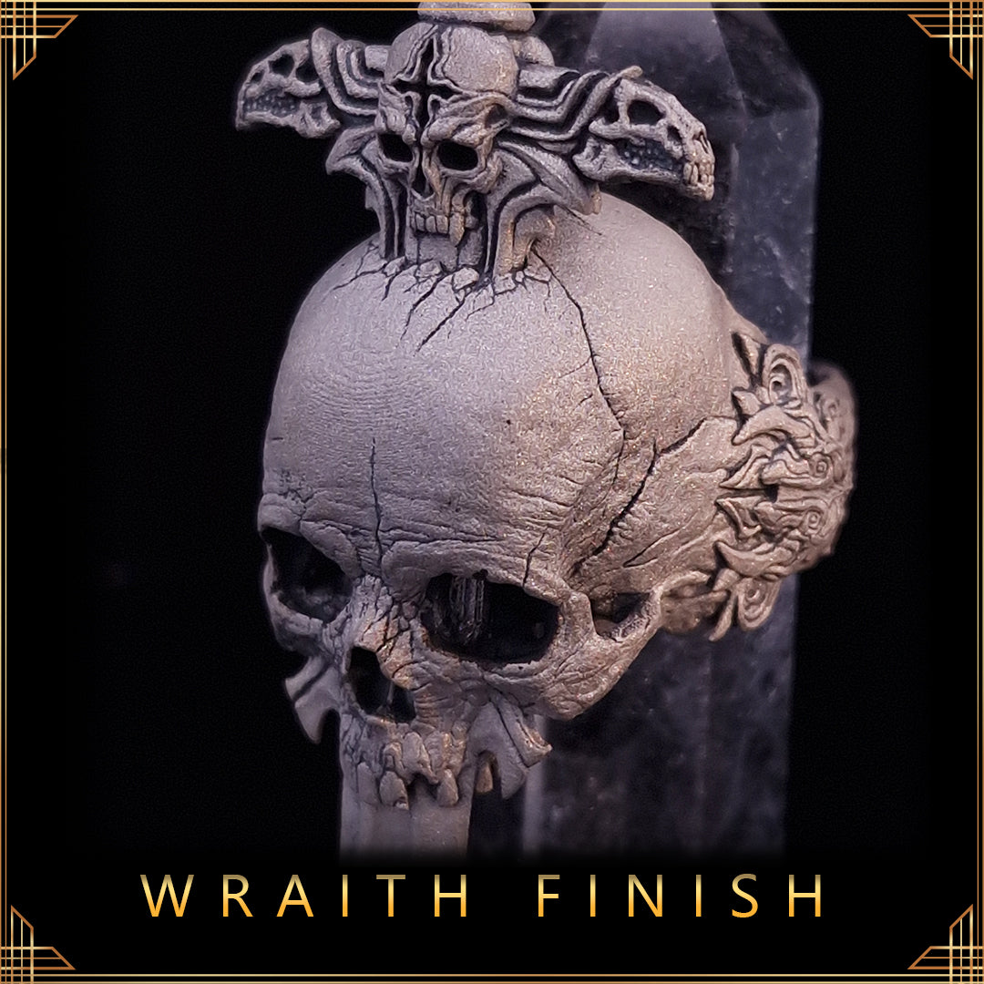 Wraith Finish collection preview featuring a ring with a silver ethereal finish centred above the text “Wraith Finish.”