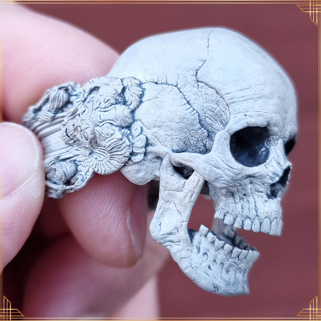 Outdoor close-up of the Nexus Mortis ring in the Wraith finish, captured in natural light to highlight its ethereal silver sparkle.